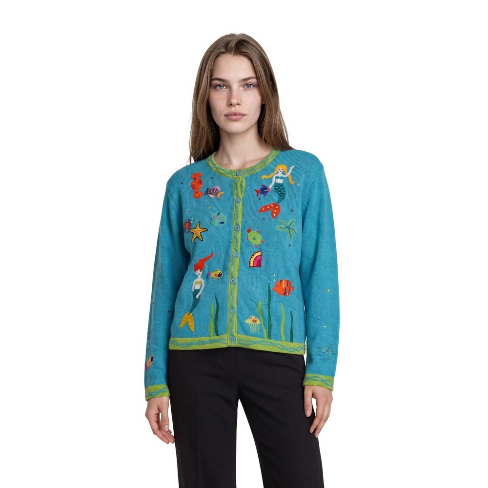 New Quacker factory Mermaid Cardigan Sweater Women's Size 1X Turquoise Vintage